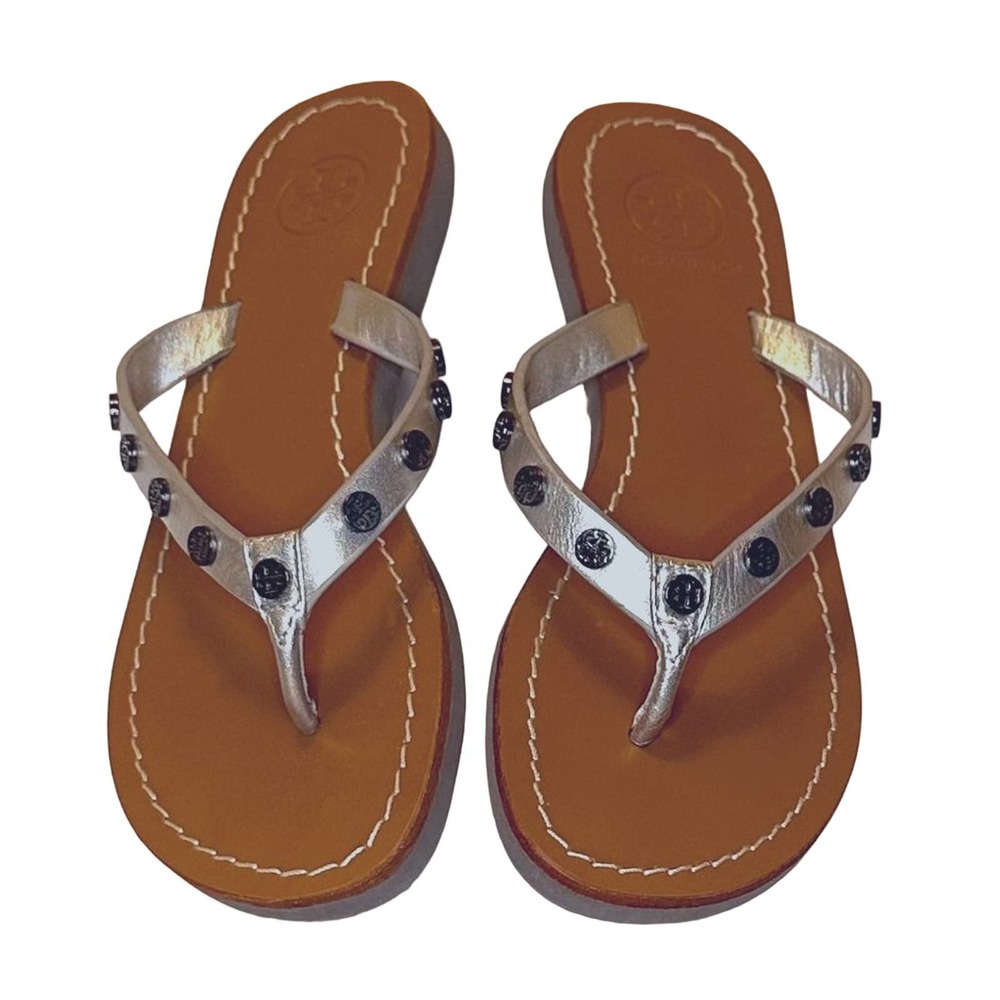 Tory Burch - Logo T Stud thong Sandals, Silver toned